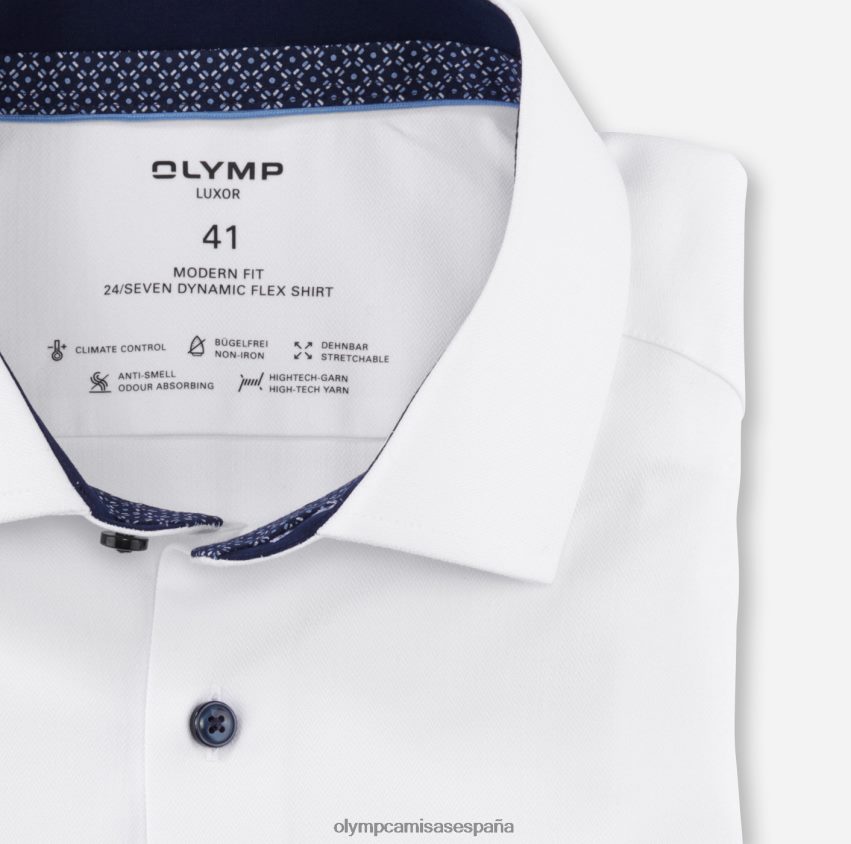 ropa OLYMP luxor 24/7 modern fit, camisa business, manga larga extralarga, global kent, blanco 8N2F1400